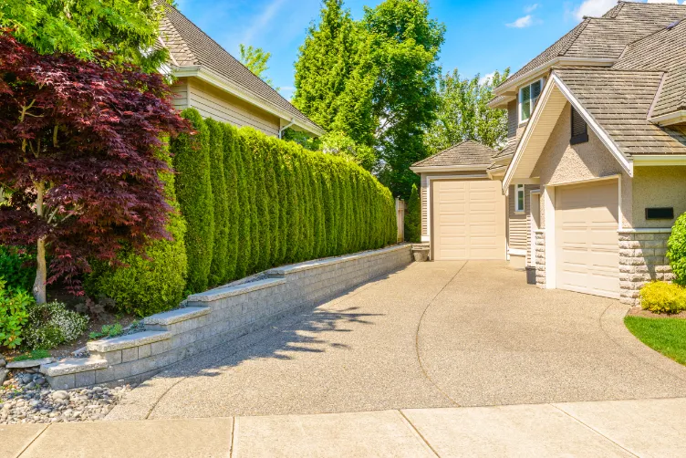 A well-maintained driveway leading to a garage, with lush green hedges and trees on both sides under a bright blue sky.